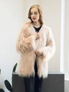 Choies Light Pink Collarless Longline Faux Fur Coat