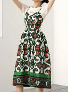 Choies Green V-neck Folk Print Pocket Detail Chic Women Cami Midi Dress