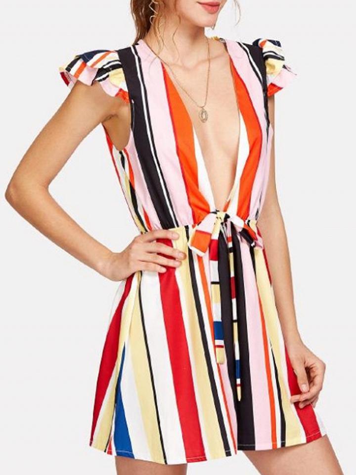 Choies Multicolor Stripe Cotton Plunge Tie Waist Chic Women Romper Playsuit