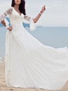 Choies White V-neck Beaded Detail Flare Sleeve Chic Women Lace Maxi Dress