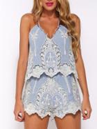 Choies Blue Embroidery Crochet Detail Strappy Back Romper Playsuit