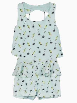 Choies Parrot Printed Two-piece Suit In Pastel Green With Bowknot Back Top And Ruffle Shorts