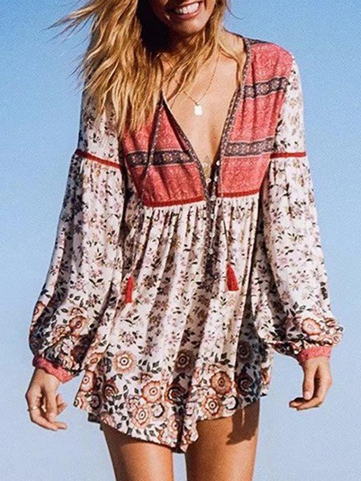 Choies Red Plunge Floral Print Tie Front Long Sleeve Mini Dress