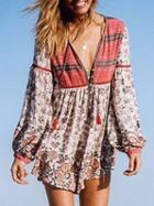 Choies Red Plunge Floral Print Tie Front Long Sleeve Mini Dress