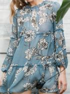 Choies Blue Chiffon Floral Print Long Sleeve Chic Women Mini Dress