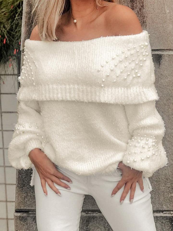Choies White Off Shoulder Beaded Detail Puff Sleeve Chic Women Knit Sweater