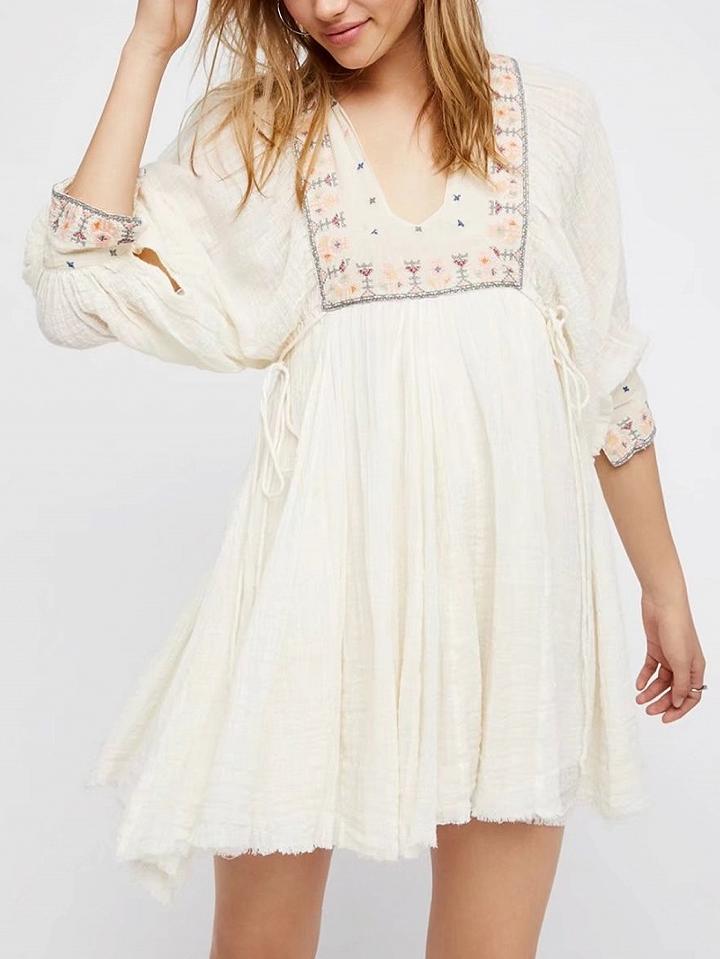 Choies White V-neck Embroidery Detail Tie Side Boho Mini Dress