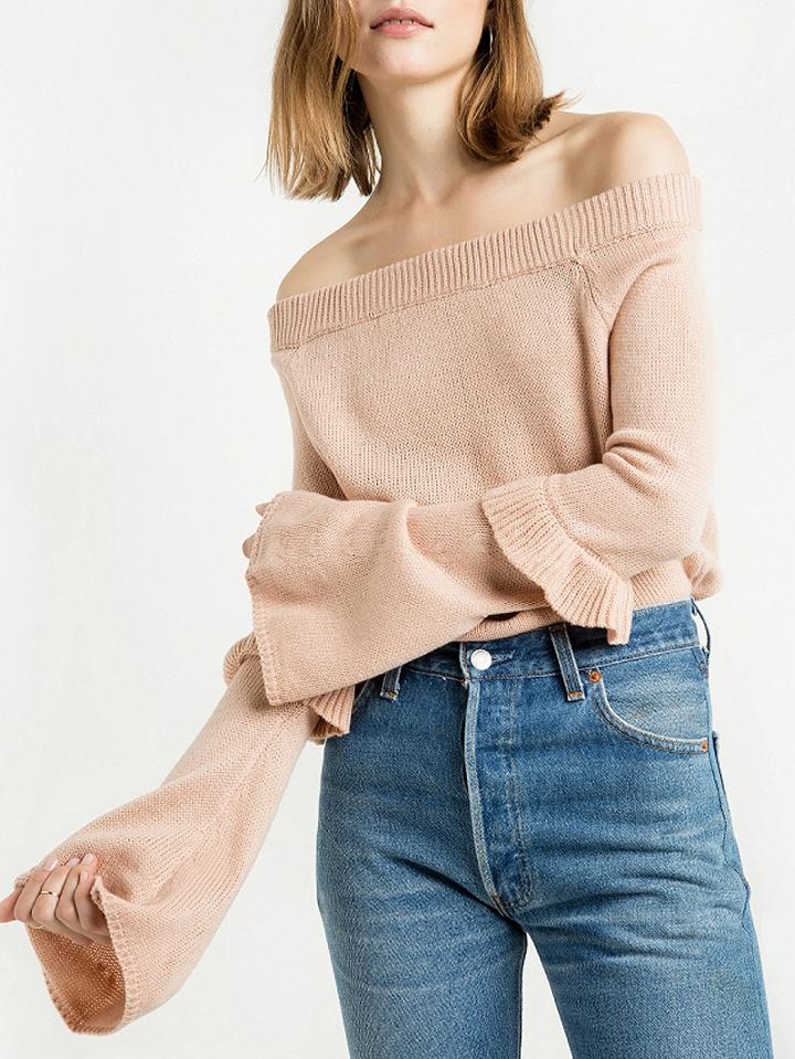 Choies Beige Off Shoulder Ruffle Trim Flared Sleeve Knit Jumper