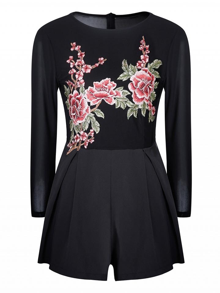 Choies Black Floral Embroidery Sheer Panel 3/4 Sleeve Romper Playsuit