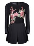 Choies Black Floral Embroidery Sheer Panel 3/4 Sleeve Romper Playsuit