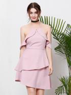 Choies Pink Halter Tie Neck Ruffle Trim Open Back Layered Mini Dress