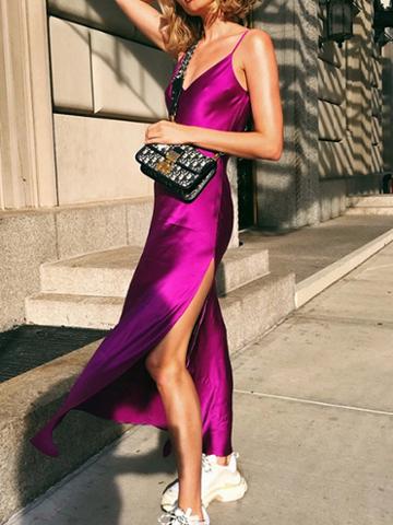 Choies Purple Satin Look V-neck Thigh Split Side Women Cami Maxi Dress