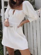 Choies White Cotton Tie Front Puff Sleeve Chic Women Mini Dress