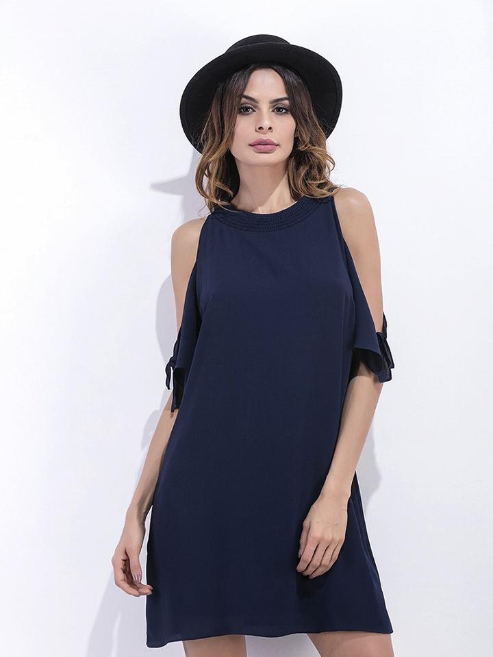 Choies Navy Blue Cold Shoulder Chiffon Shift Dress