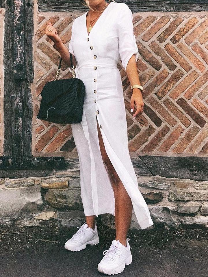 Choies White V-neck Button Placket Front Long Sleeve Chic Women Maxi Dress
