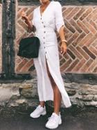 Choies White V-neck Button Placket Front Long Sleeve Chic Women Maxi Dress