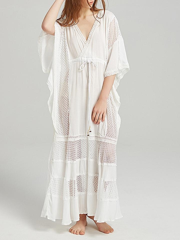 Choies White V-neck Open Back Fishnet Panel Maxi Dress