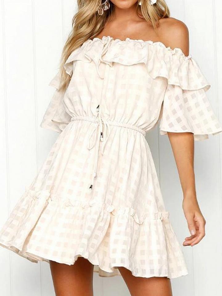 Choies Beige Plaid Off Shoulder Ruffle Trim Chic Women Mini Dress
