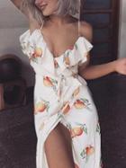 Choies White Plunge Fruit Print Tie Waist Thigh Split Chic Women Midi Dress