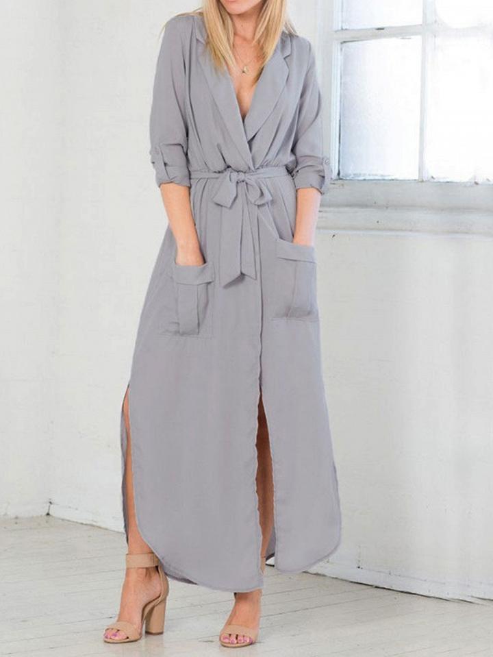 Choies Gray Chiffon Plunge Tie Waist Split Long Sleeve Chic Women Maxi Dress