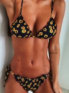 Choies Black Sunflower Print Frill Trim Bikini Top And Bottom