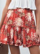 Choies Red Chiffon High Waist Floral Print Ruffle Trim Chic Women Mini Skirt