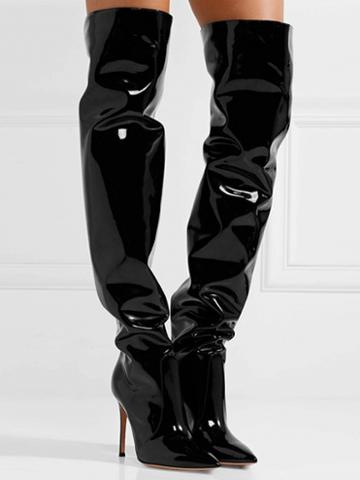Choies Black Leather Pointed Heeled Over The Knee Boots