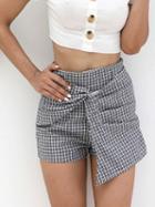 Choies Black Plaid Cotton Blend High Waist Knot Front Chic Women Shorts