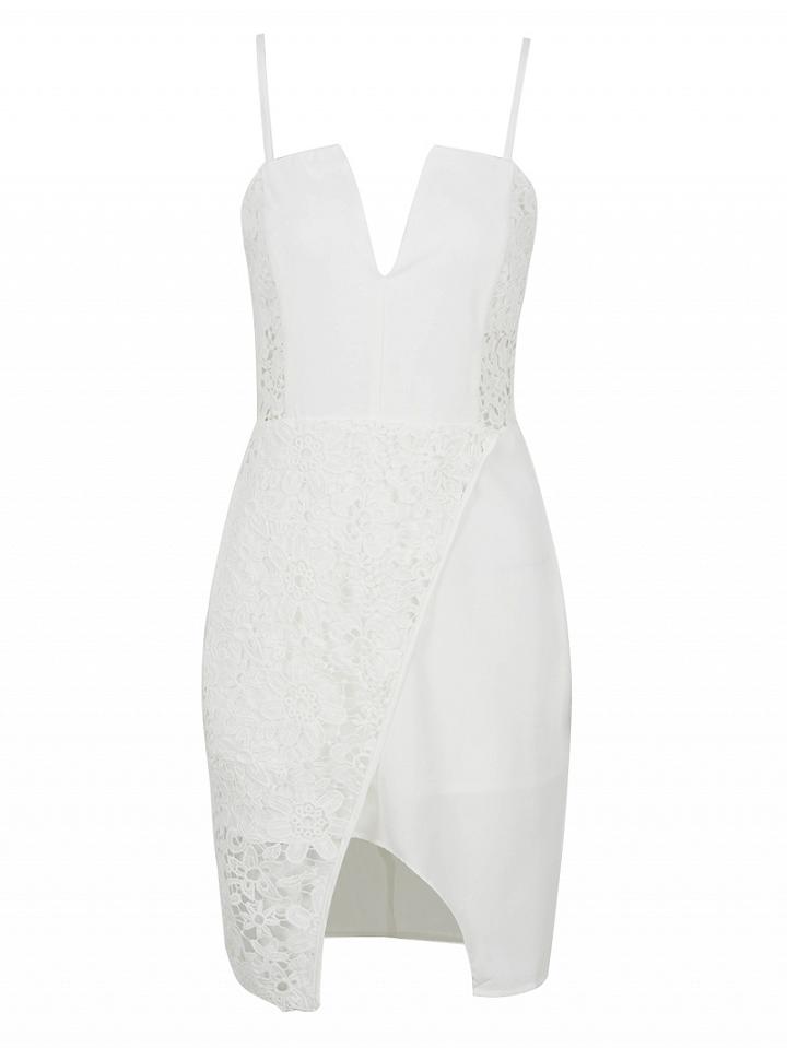 Choies White Plunge Asymmetric Hem Lace Panel Cami Dress