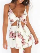 Choies White V-neck Floral Print Tie Front Open Back Romper Playsuit