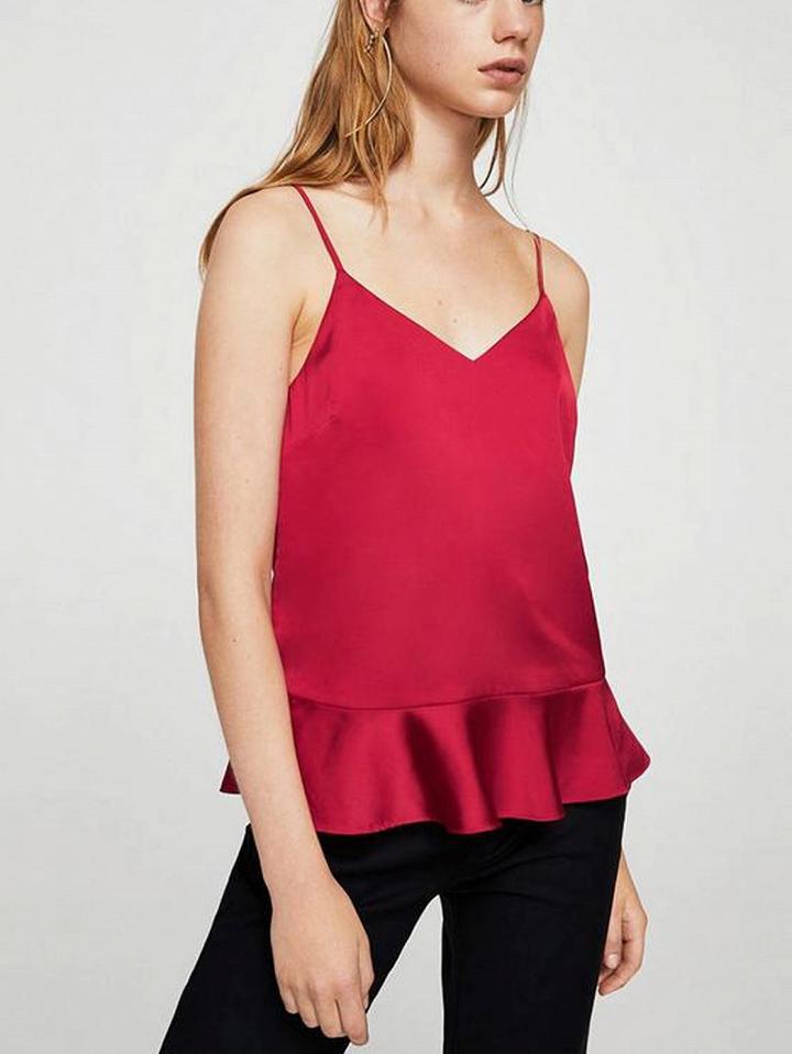 Choies Red Spaghetti Strap V-neck Ruffle Hem Cami Top