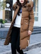Choies Brown Letter Print Back Faux Fur Hooded Longline Padded Coat