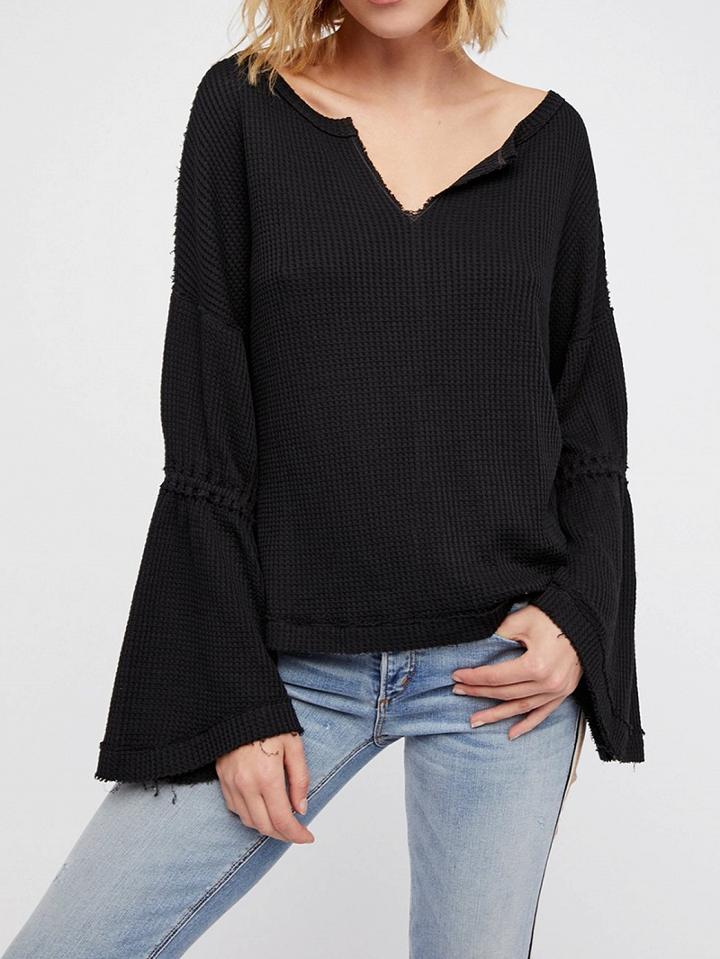 Choies Black Cotton Blend V-neck Flare Sleeve Chic Women Sweater
