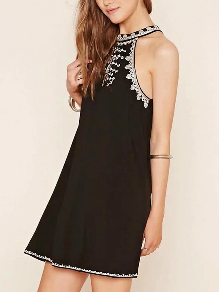 Choies Black Halter Embroidery Detail Cut Out Back Mini Dress