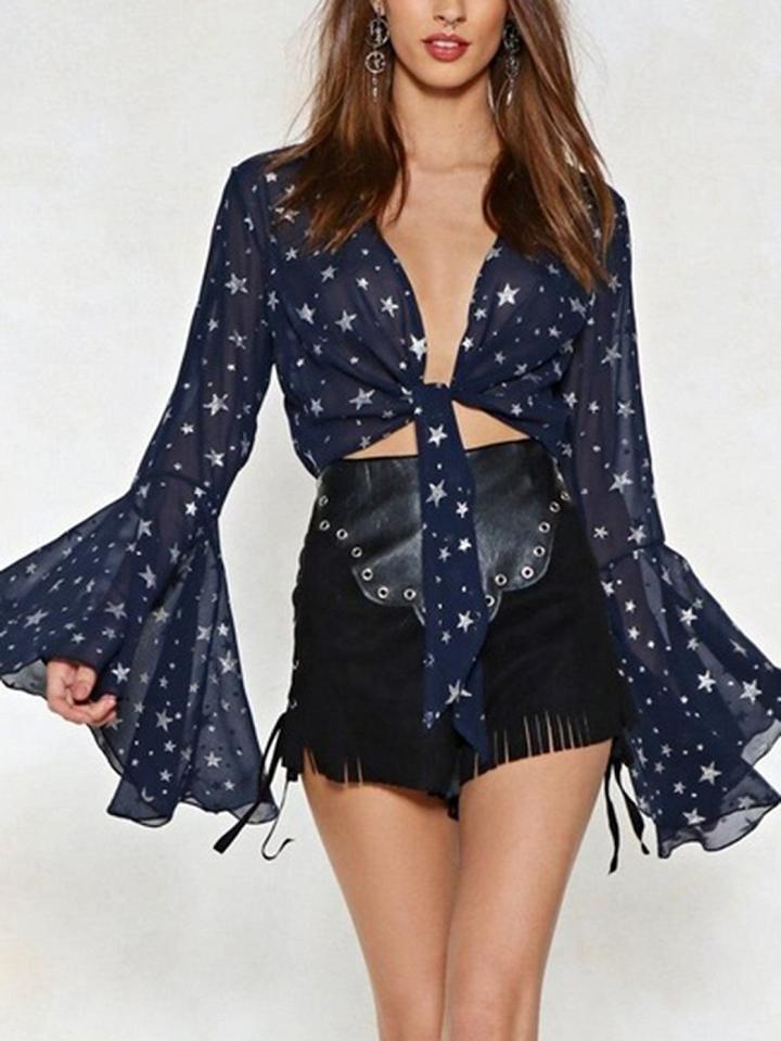 Choies Dark Blue Plunge Star Print Tie Front Flare Sleeve Lace Blouse