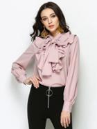 Choies Pink Bow Tie Front Ruffle Detail Long Sleeve Shirt