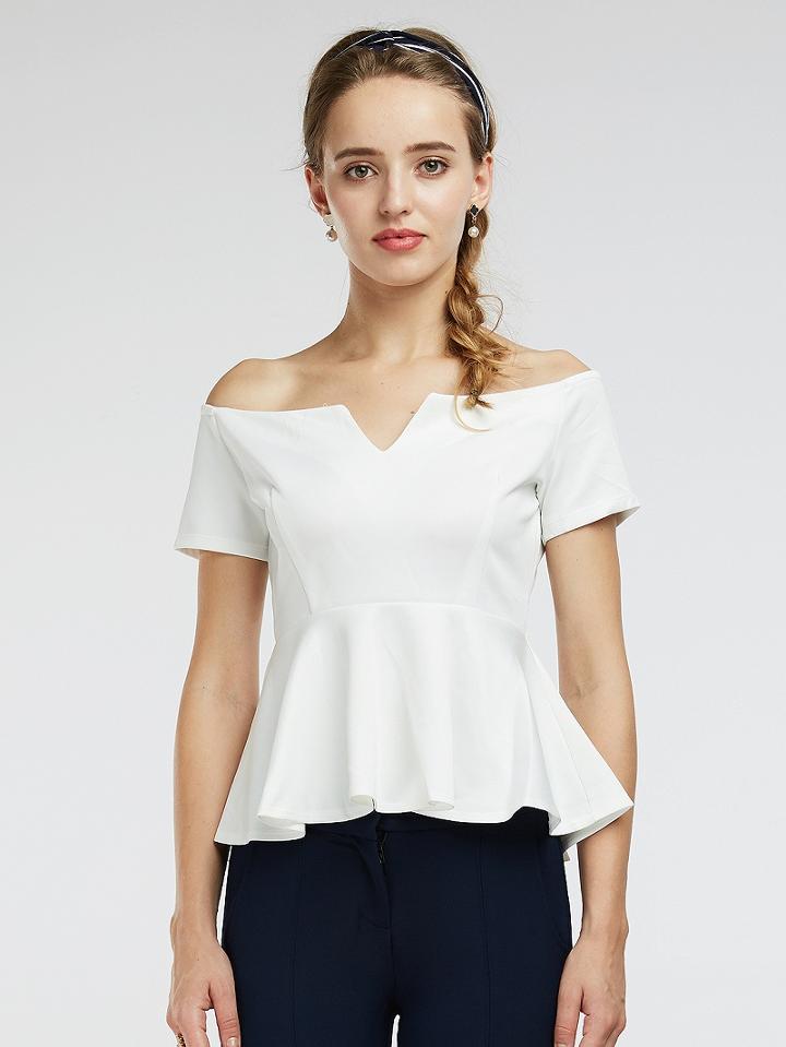 Choies White Off Shoulder Knot Cut Out Back Peplum Hem Top