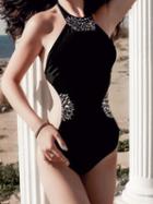 Choies Black Halter Beaded Embellished Open Back Chic Women Swimsuit
