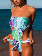 Choies Multicolor Nylon Bandeau Leaf Print Open Back Chic Women Swimsuit