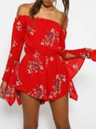 Choies Red Off Shoulder Floral Print Flare Sleeve Romper Playsuit