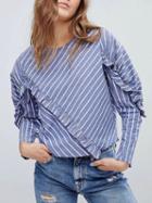 Choies Blue Stripe Ruffle Trim Long Sleeve Blouse