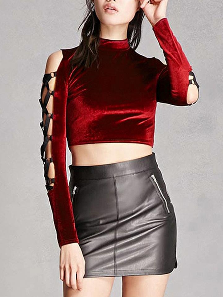 Choies Burgundy High Neck Cross Caged Sleeve Velvet Crop Top