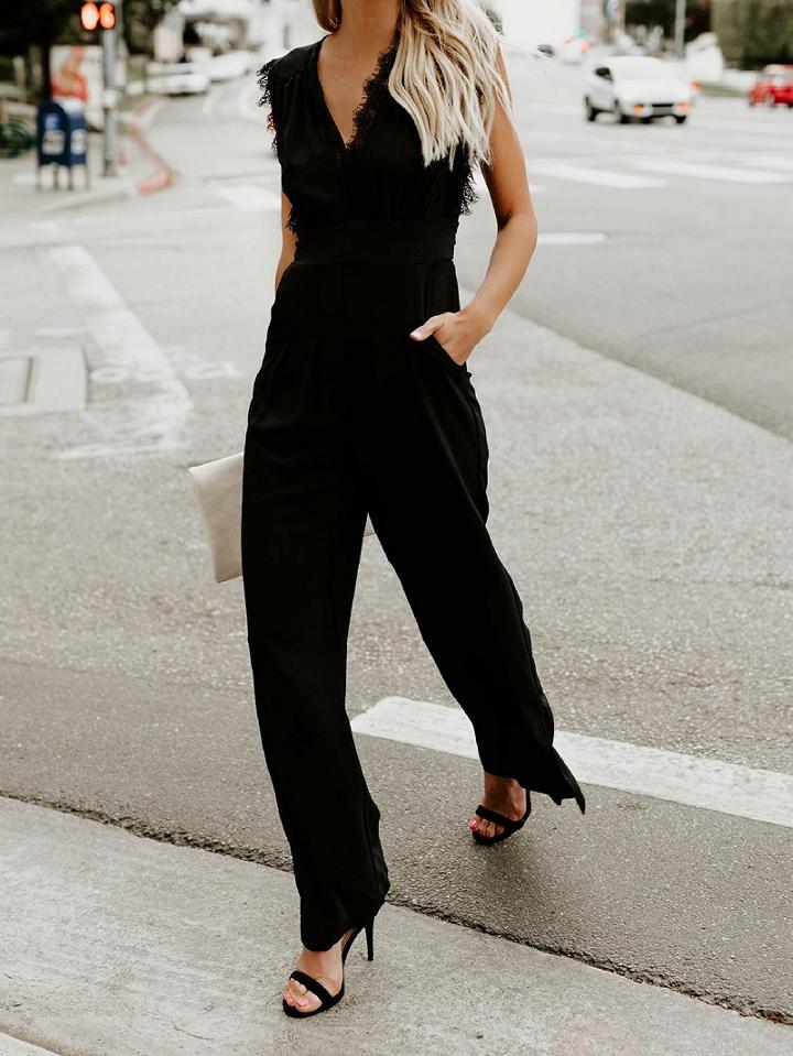 Choies Black Chiffon V-neck Lace Trim Sleeveless Chic Women Jumpsuit