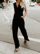 Choies Black Chiffon V-neck Lace Trim Sleeveless Chic Women Jumpsuit