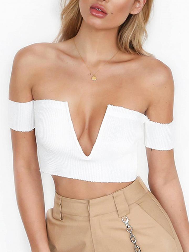 Choies White Deep V Front Off Shoulder Rib Knit Crop Top