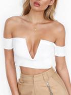 Choies White Deep V Front Off Shoulder Rib Knit Crop Top