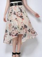 Choies Beige Floral Leaves Print High Waist Asymmetric Hem Midi Skirt