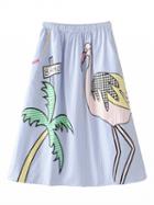 Choies Blue Elastic Waist Stripe Crane Print Midi Skirt