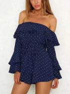 Choies Blue Off Shoulder Polka Dot Flare Sleeve Romper Playsuit