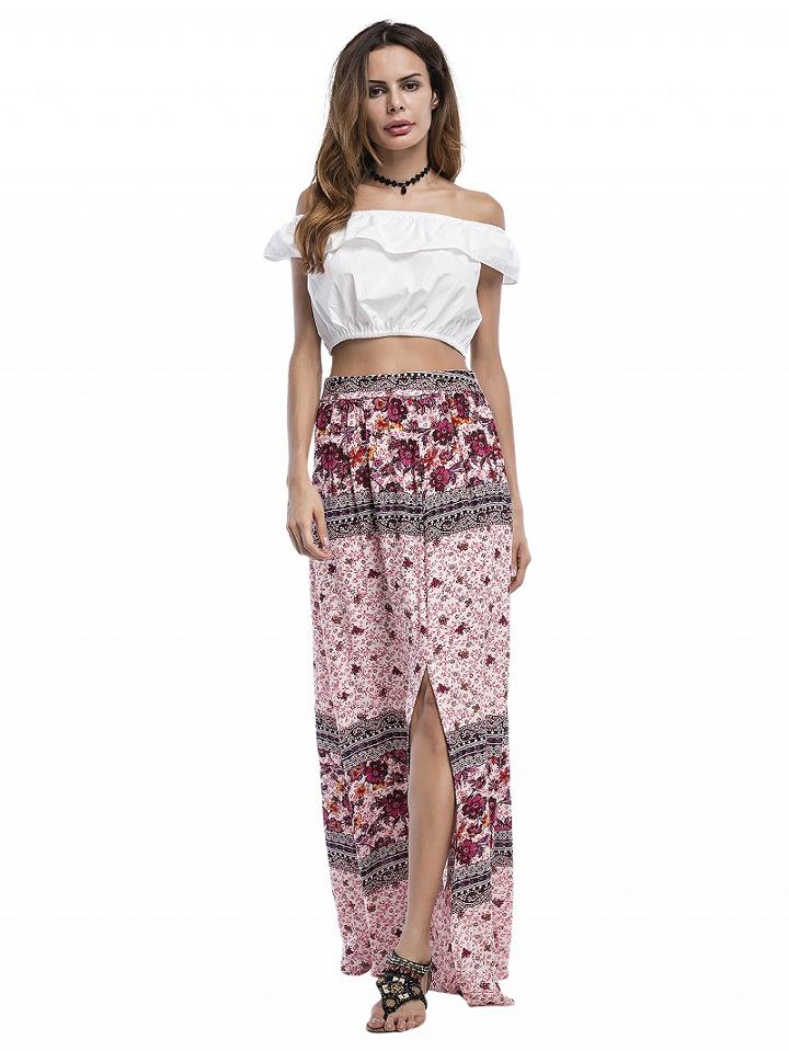 Choies Polychrome High Waist Floral Front Split Maxi Skirt